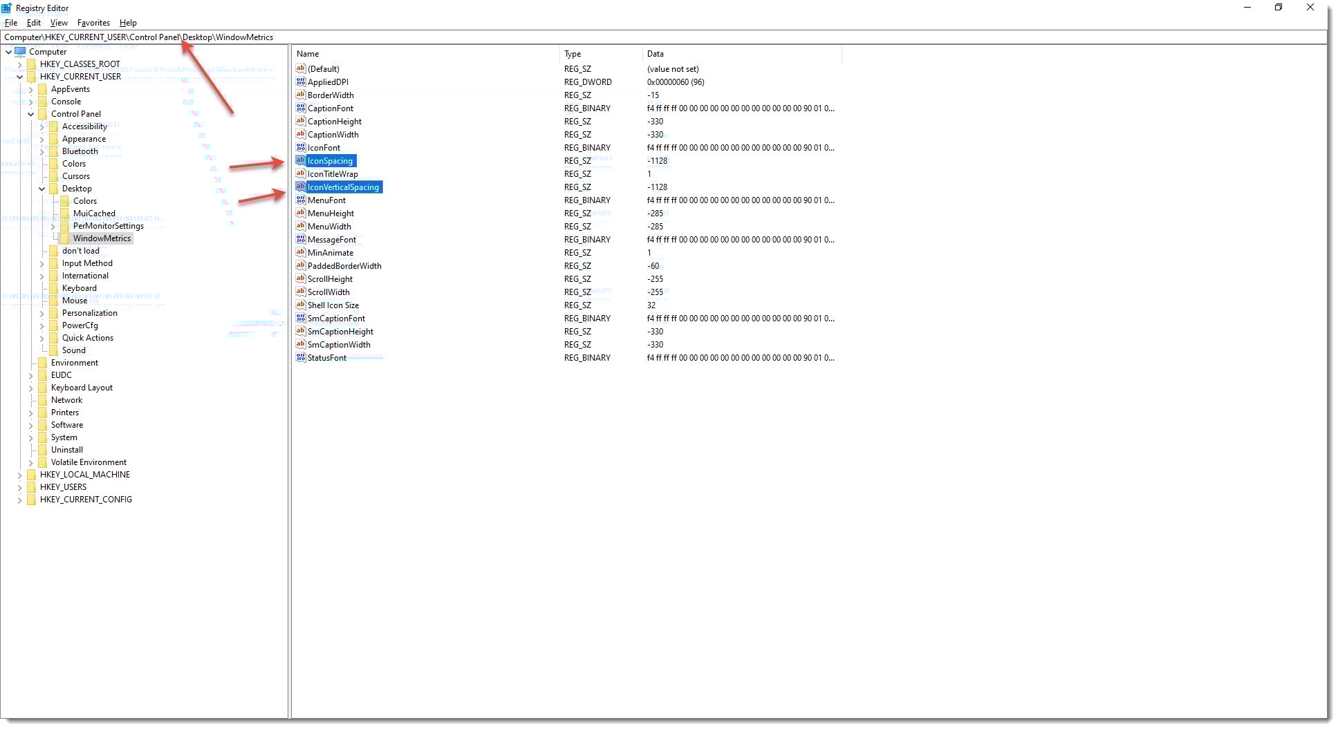 registry editor screenshot of where to find the values to edit and which ones to edit that can fix the weird Desktop Icons Spread Out issue on windows 10 or windows 11
