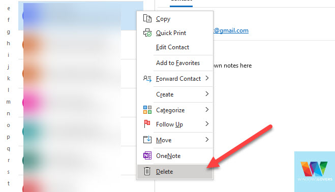 how do i delete a contact from my outlook email